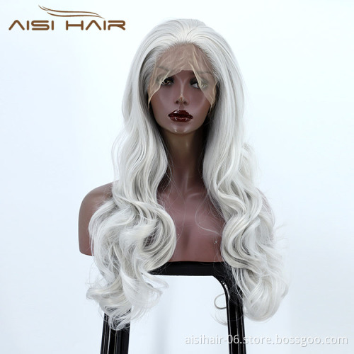 Aisi Hair Cheap Cosplay Popular Long Wavy Curly Body Wave Grey Swiss Lace Synthetic Hair For Black Women Lace Front Wig